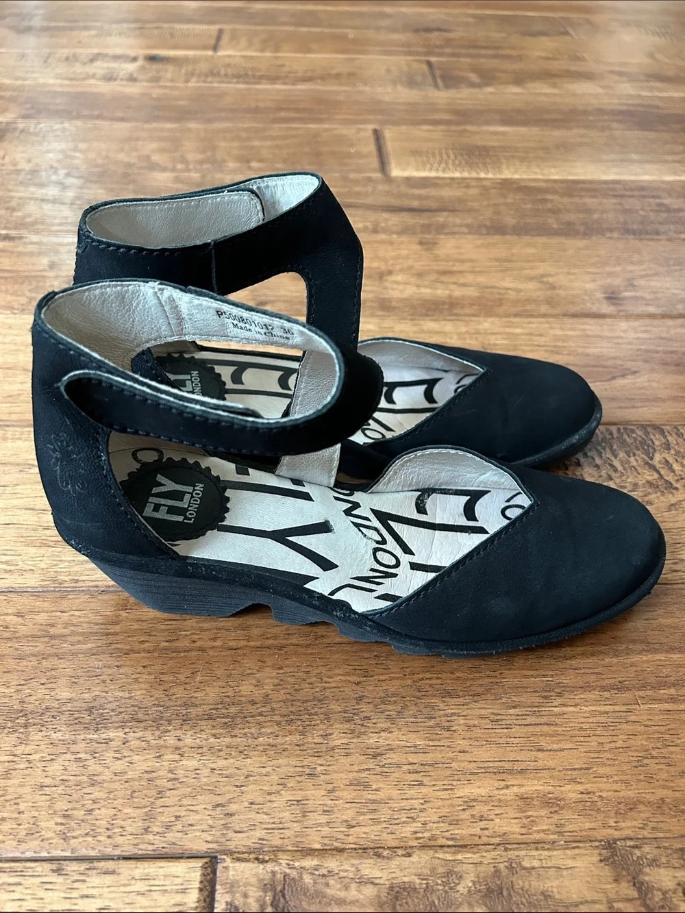Fly London Piat Wedge Heel Shoes Black Leather Ankle Strap Size 36